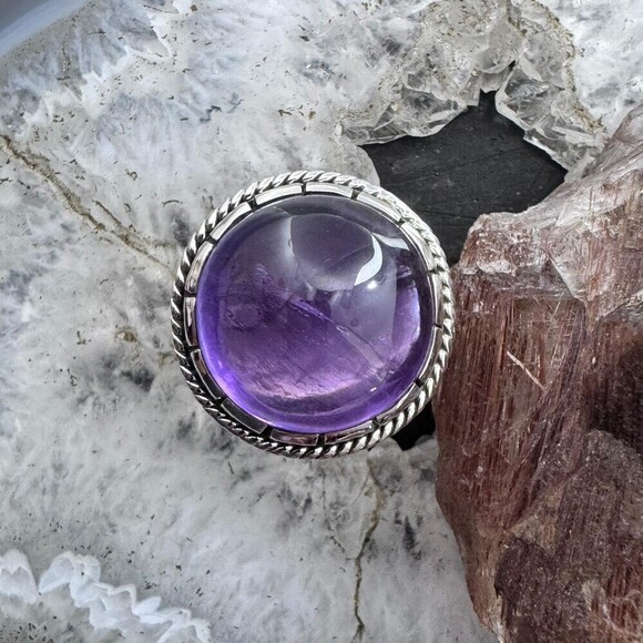 Sterling Southwestern Style Round Amethyst Decorated Ring Size 8.75 For Women - Picture 5 of 10
